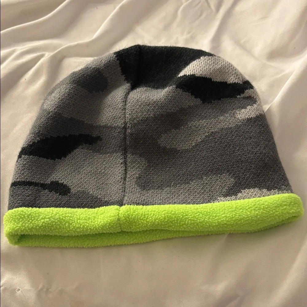Kids Camo Beanie with Neon Green Trim